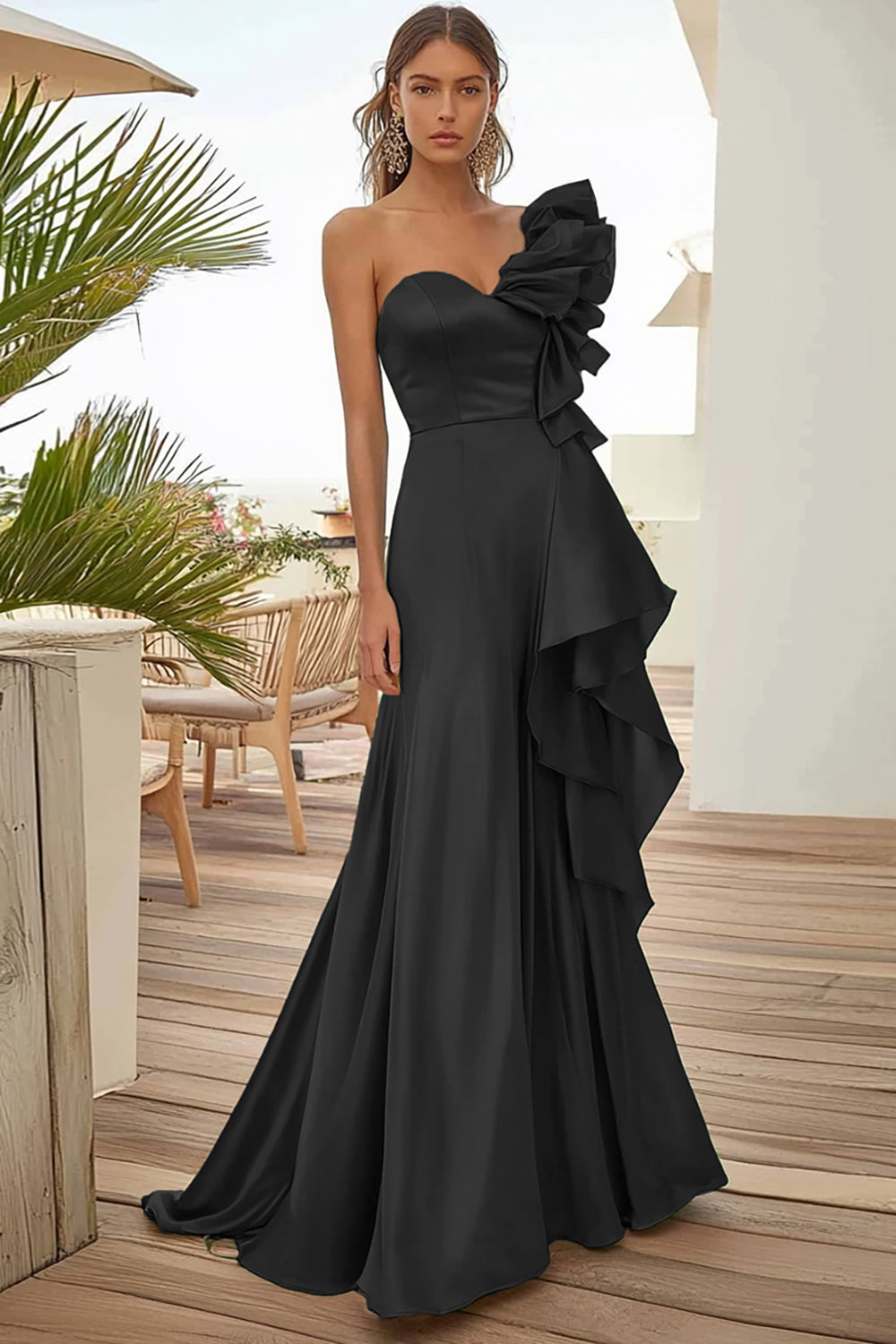 Black One Shoulder A Line Maxi Prom Dress with Ruffles