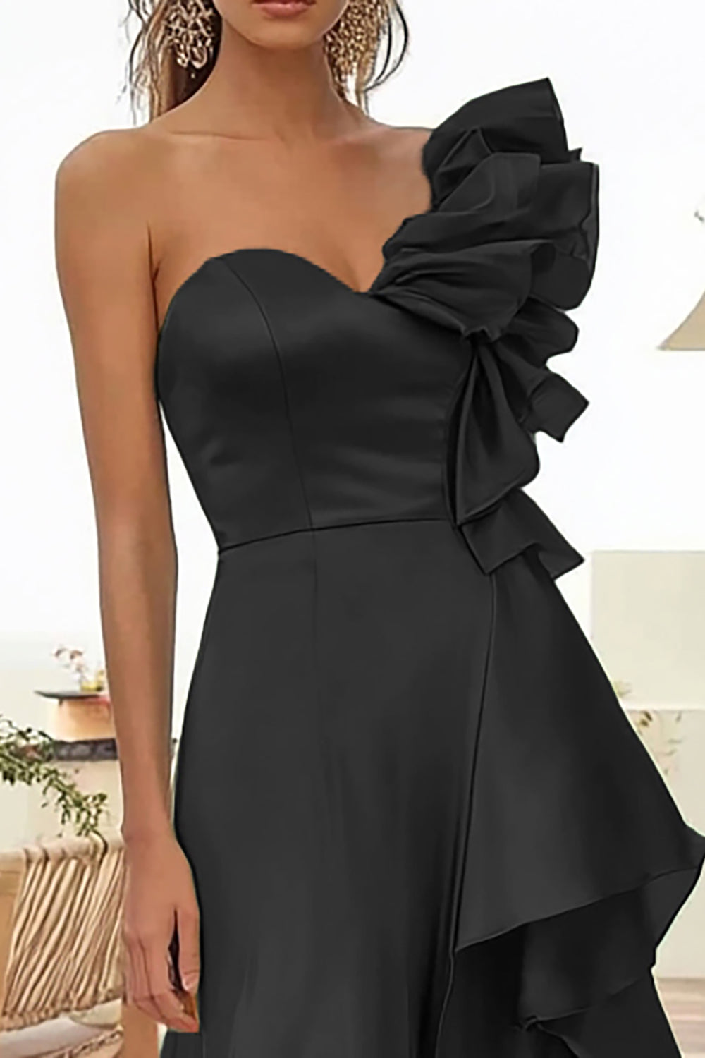 Black One Shoulder A Line Maxi Prom Dress with Ruffles