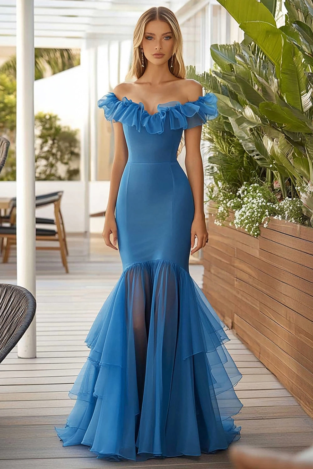 Blue Tulle Mermaid Maxi Prom Dress with Ruffles