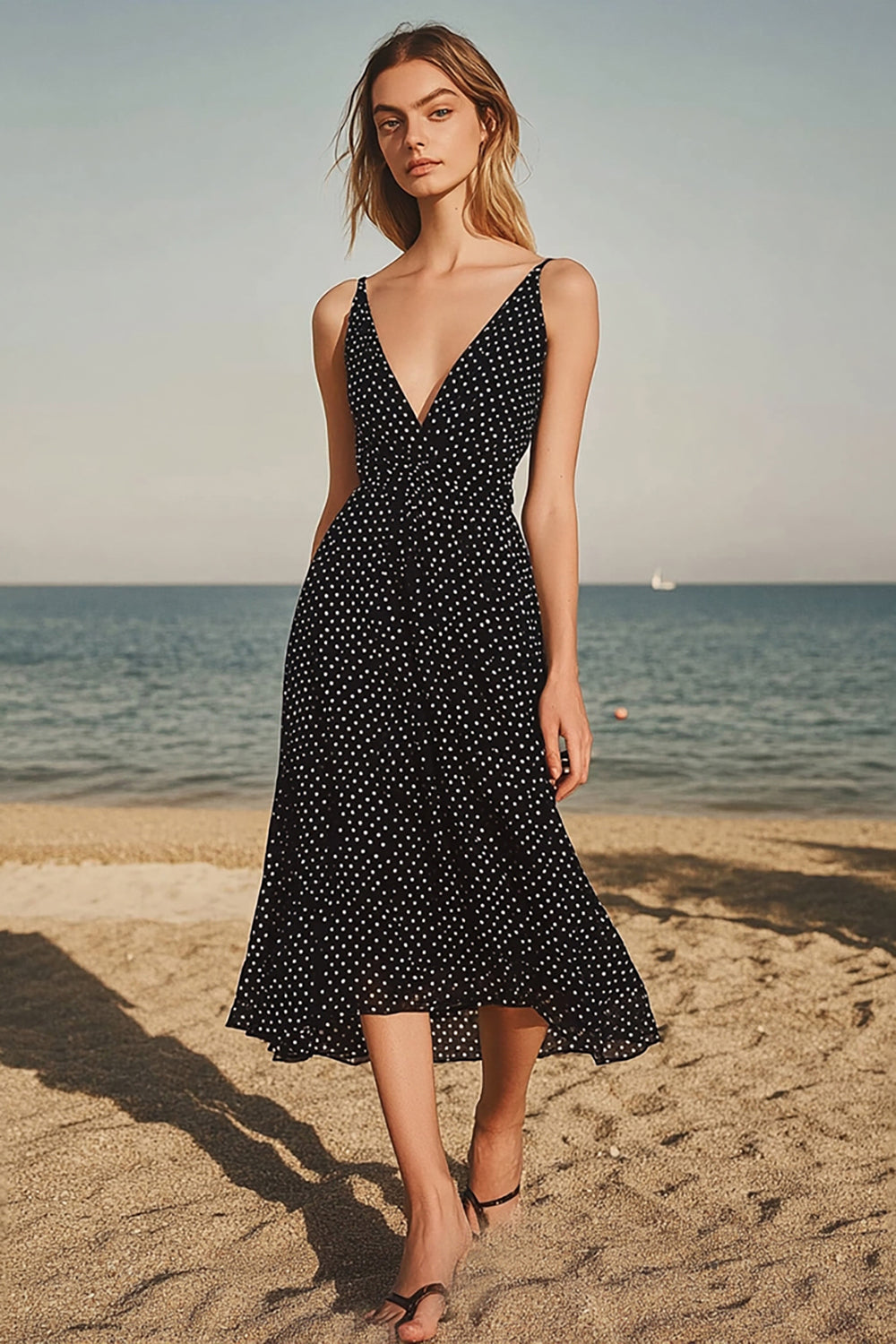Black White Dots V-Neck Chiffon A Line Boho Maxi Dress