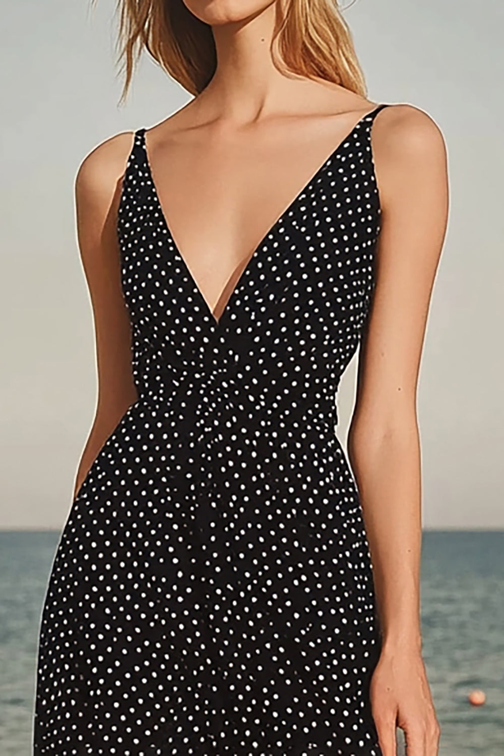 Black White Dots V-Neck Chiffon A Line Boho Maxi Dress