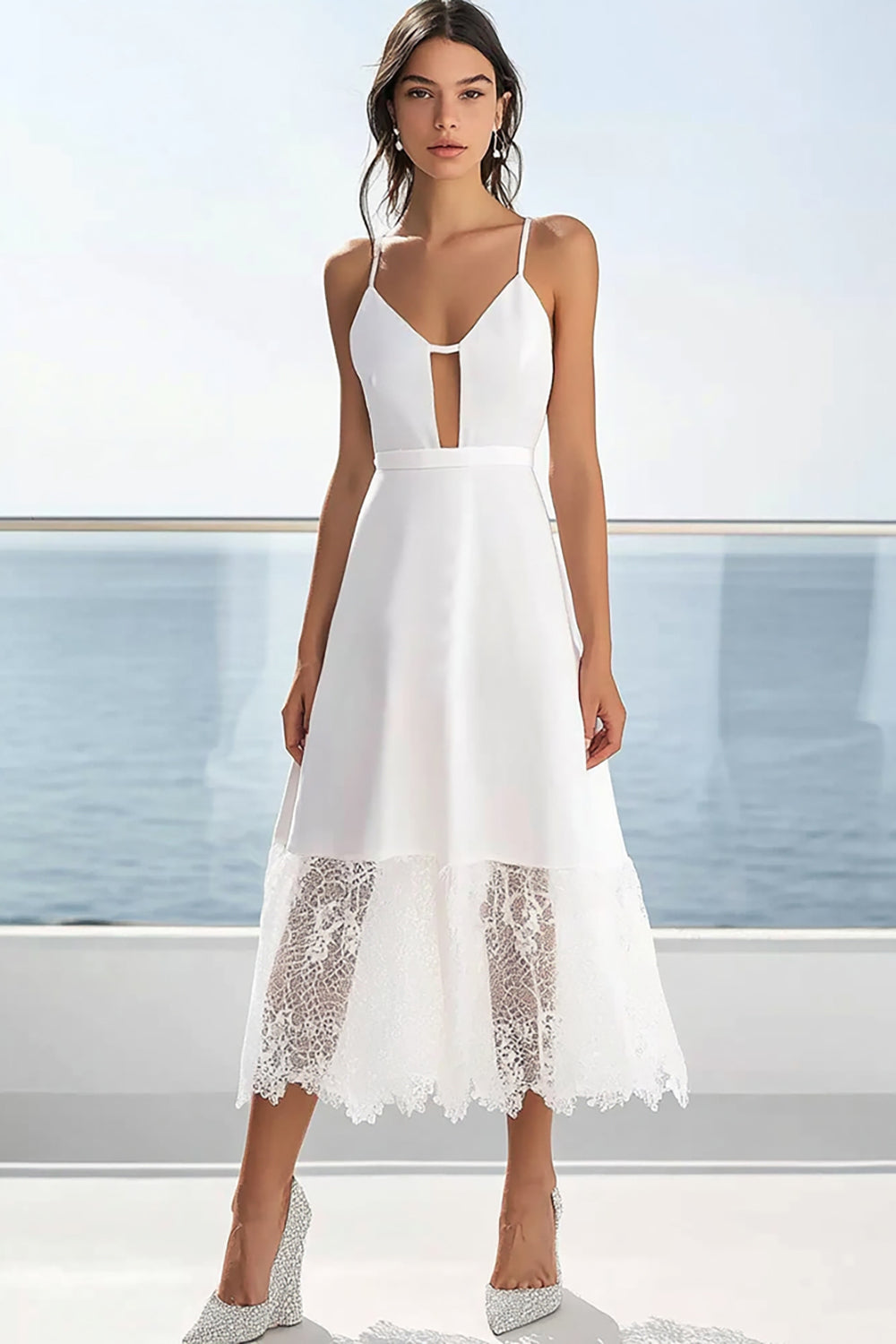 White A Line Satin Maxi Graduation Dress with Lace