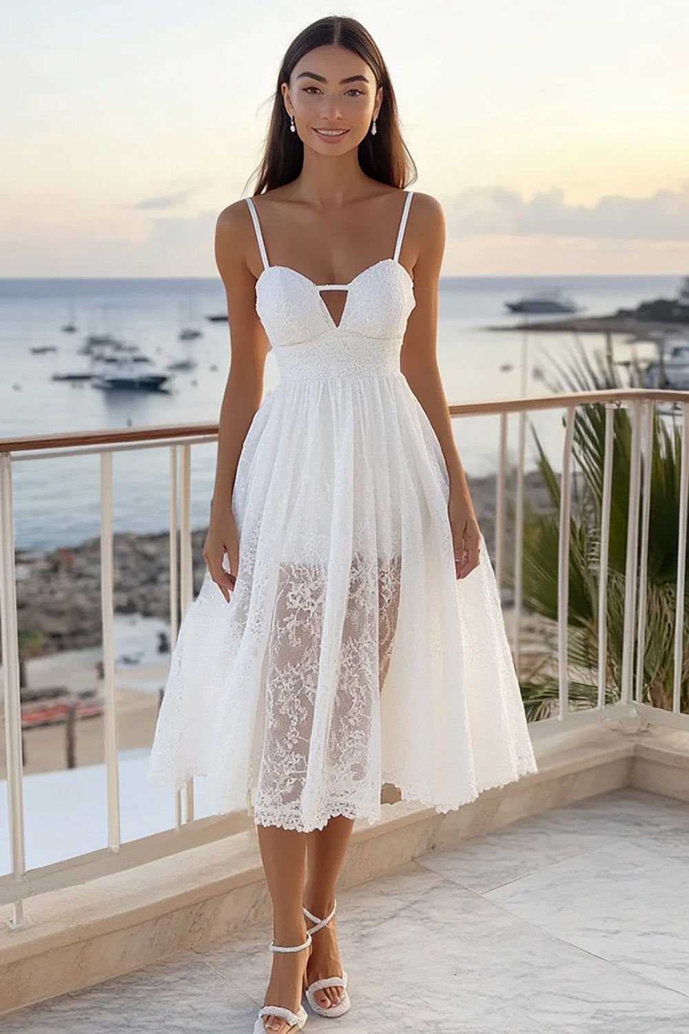 White Lace Spaghetti Straps Midi Graduation Dress with Keyhole
