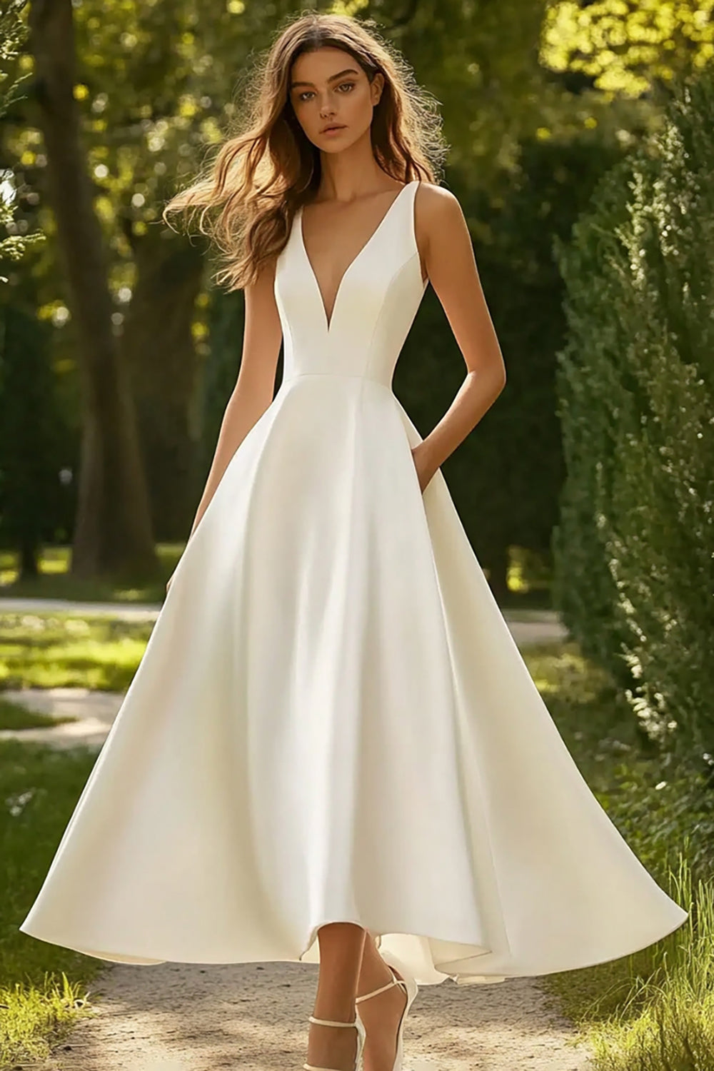 White Satin A Line V-Neck Maxi Engagement Dress