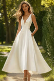 White Satin A Line V-Neck Maxi Engagement Dress