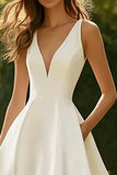 White Satin A Line V-Neck Maxi Engagement Dress