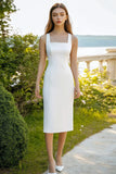 White Satin Square Neck Sheath Midi Graduation Dress
