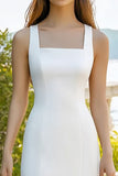 White Satin Square Neck Sheath Midi Graduation Dress