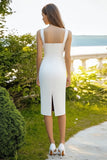 White Satin Square Neck Sheath Midi Graduation Dress