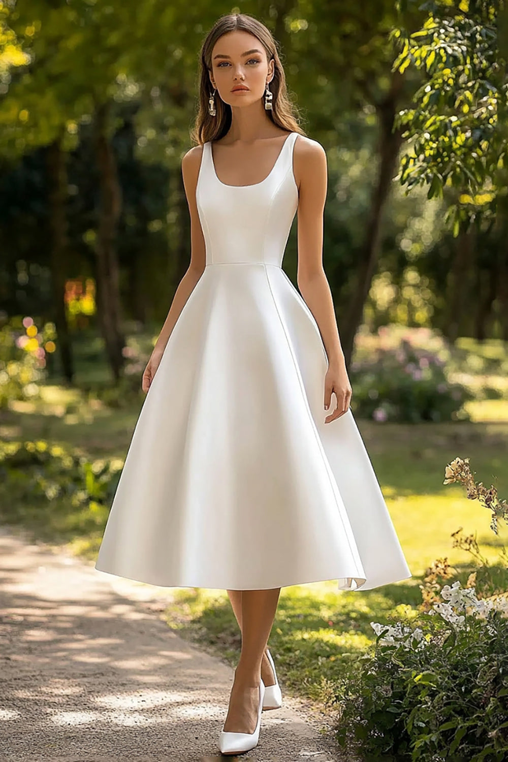 Leely Women White Satin Midi Graduation Dress A Line Scoop Neck Engagement Dress