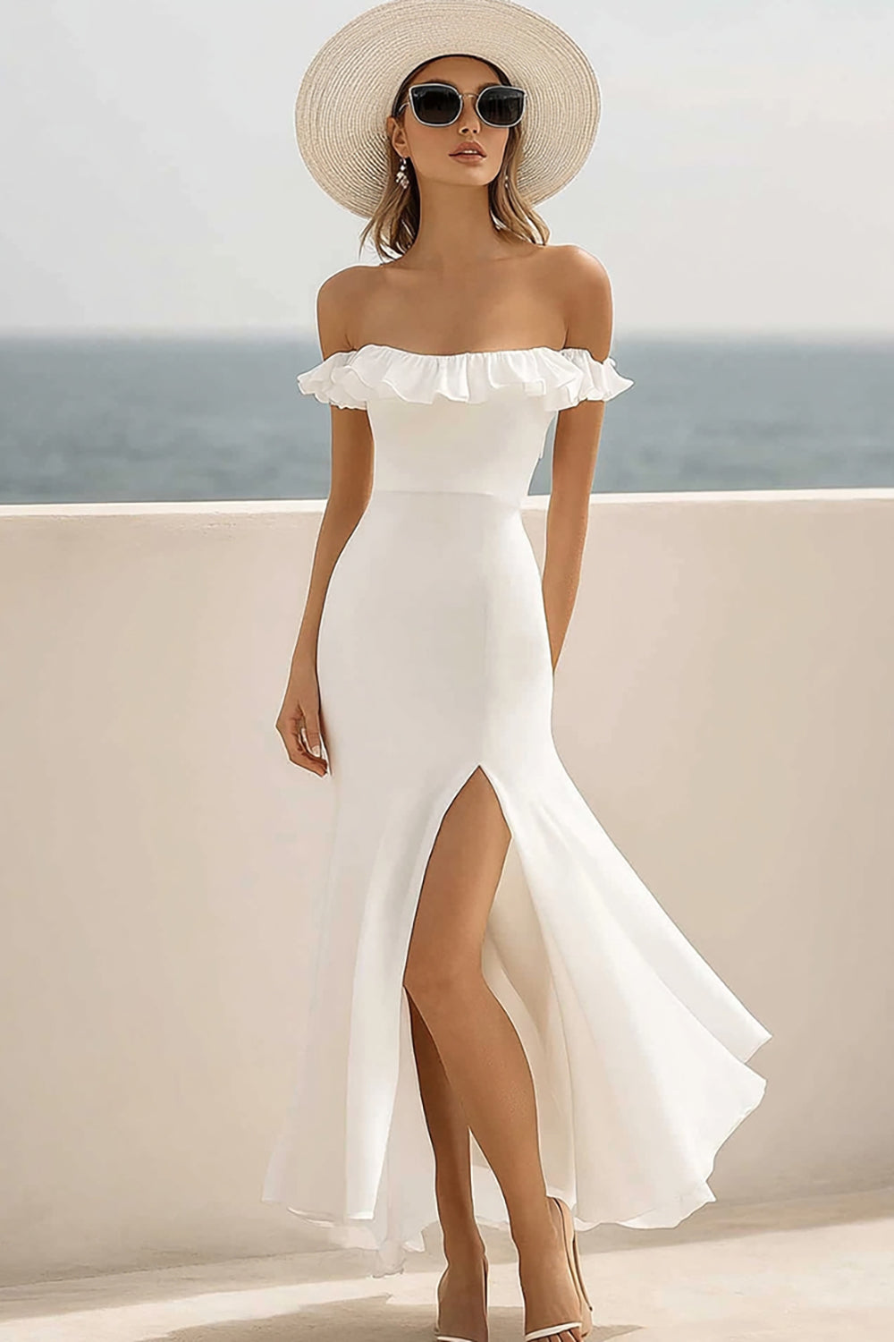 White Chiffon Mermaid Maxi Engagement Dress with Slit