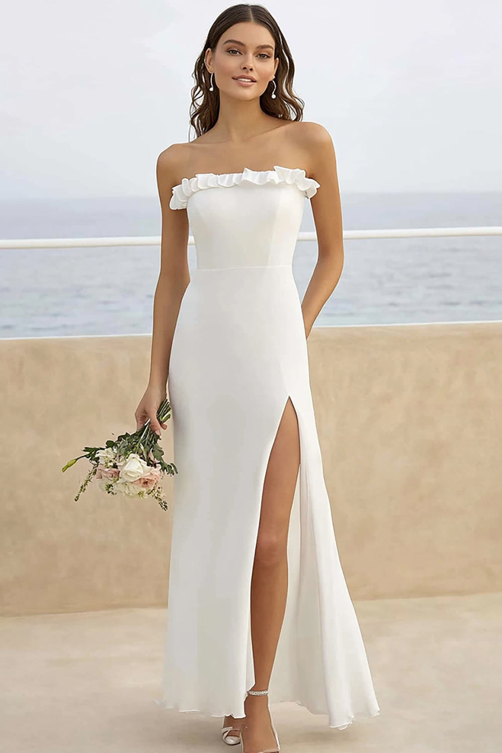 White Strapless Sheath Maxi Engagement Dress with Slit
