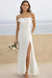 White Strapless Sheath Maxi Engagement Dress with Slit