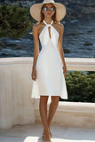 White A Line High Neck Midi Graduation Dress with Keyhole