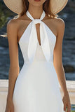 White A Line High Neck Midi Graduation Dress with Keyhole
