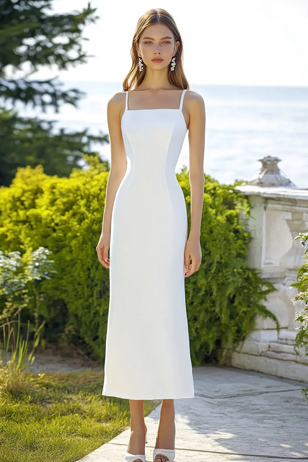 White Satin Spaghetti Straps Sheath Maxi Engagement Dress