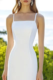 White Satin Spaghetti Straps Sheath Maxi Engagement Dress
