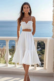 White Two Pieces Midi Graduation Dress with Lace