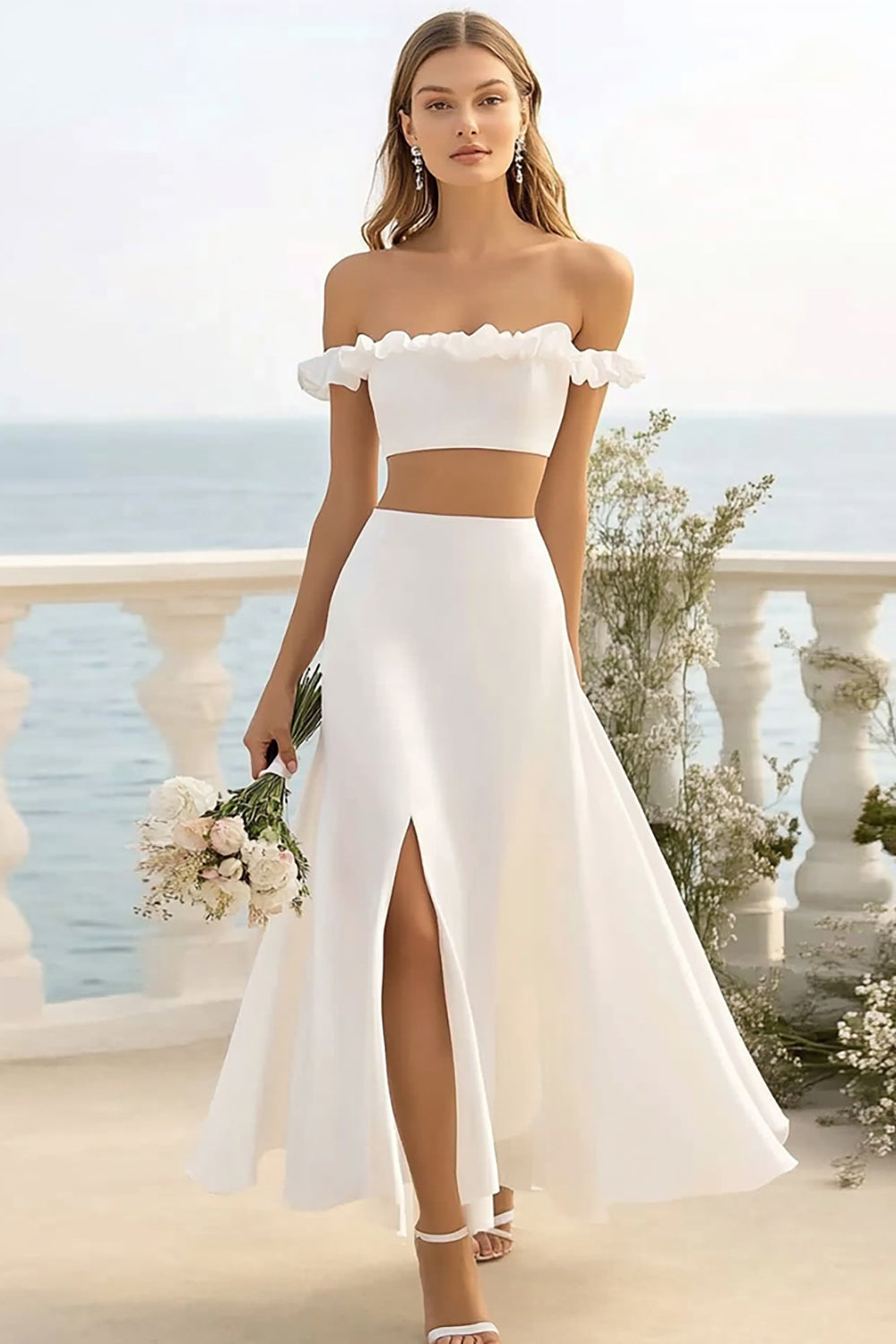 White Two Pieces A Line Satin Maxi Engagement Dress with Slit