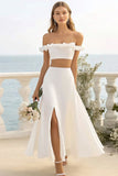 White Two Pieces A Line Satin Maxi Engagement Dress with Slit