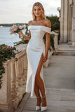 White Satin Mermaid Maxi Engagement Dress with Slit