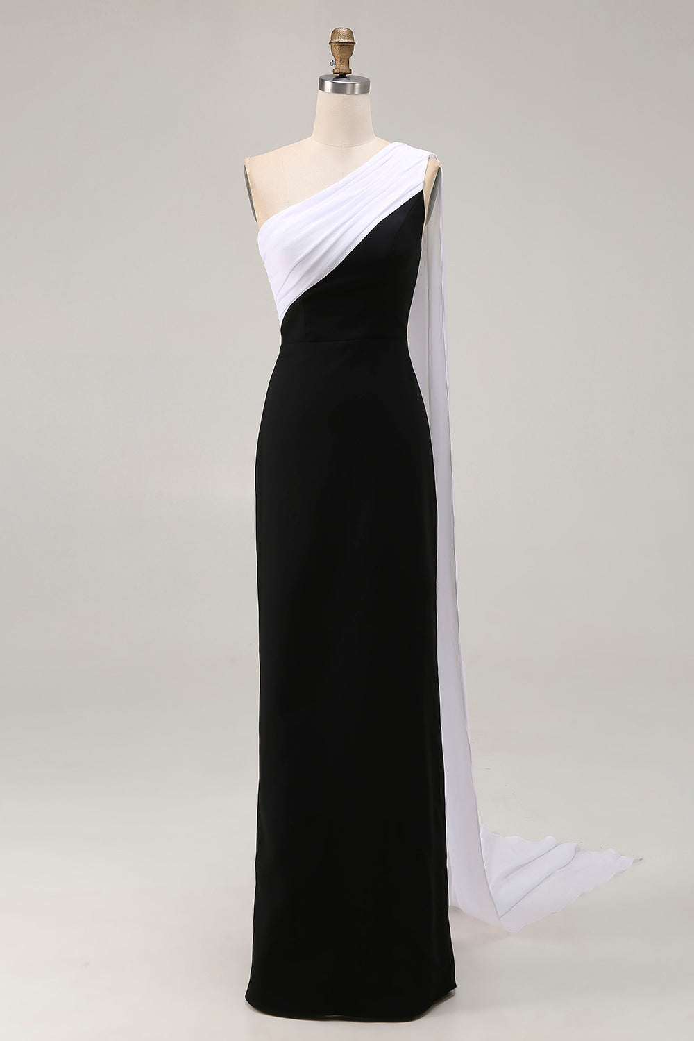 Black White Sheath One Shoulder Maix Formal Dress with Side Cape