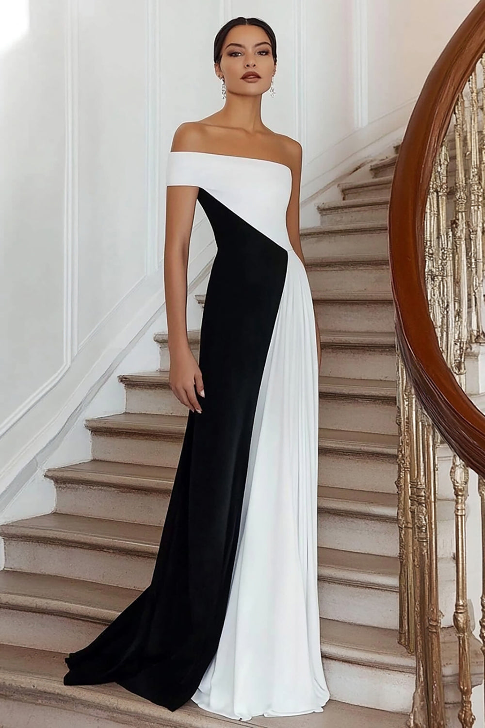 A Line Black White Off the Shoulder Maxi Formal Dress