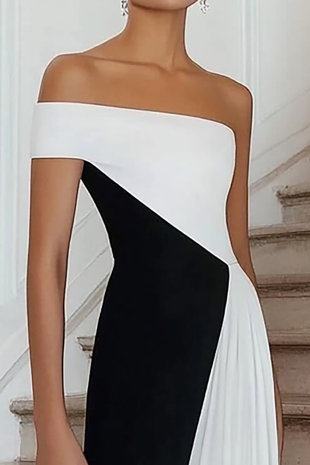 A Line Black White Off the Shoulder Maxi Formal Dress