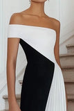 A Line Black White Off the Shoulder Maxi Formal Dress