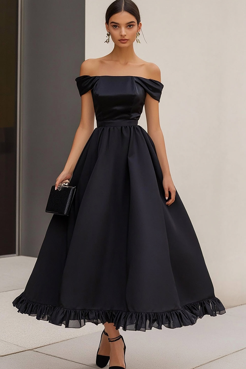 Black A Line Satin Maxi Formal Dress with Ruffles