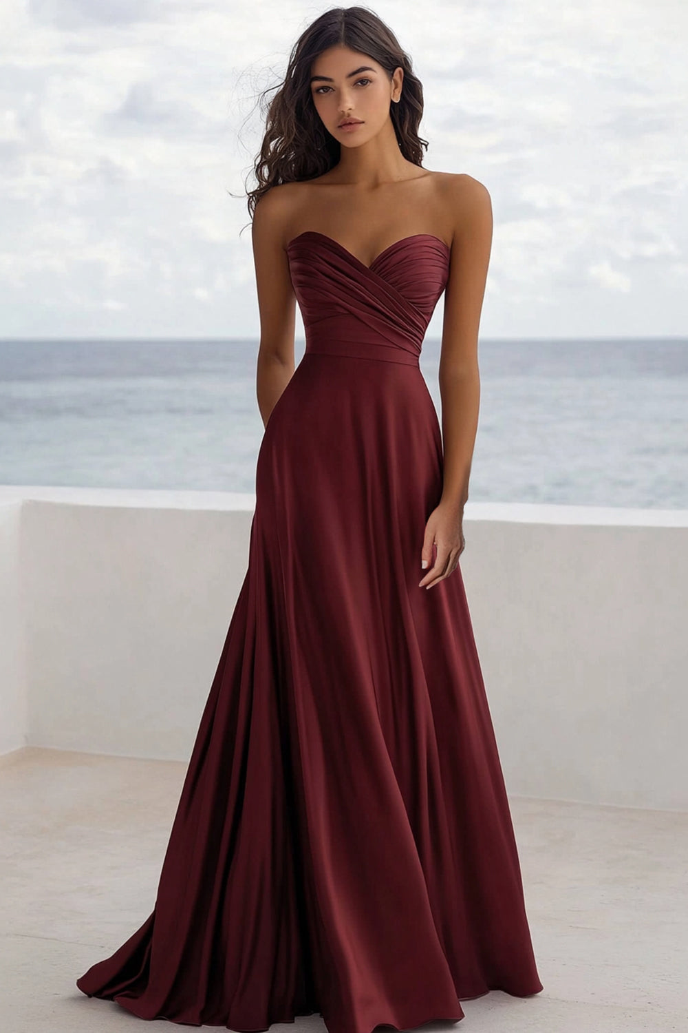 Burgundy A Line Sweetheart Satin Maxi Formal Dress