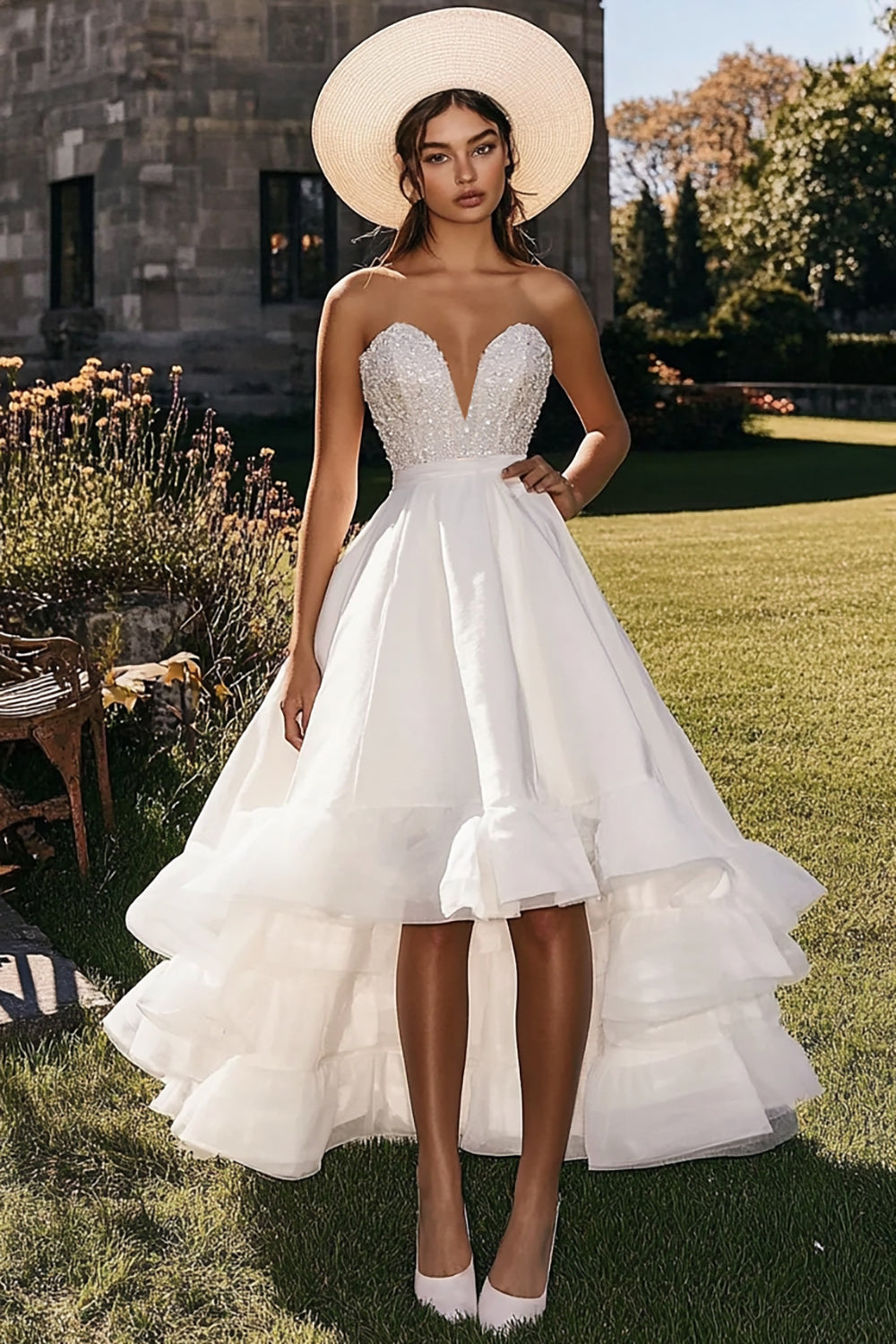 Sparkly White Organza High-Low Engagement Dress with Ruffles