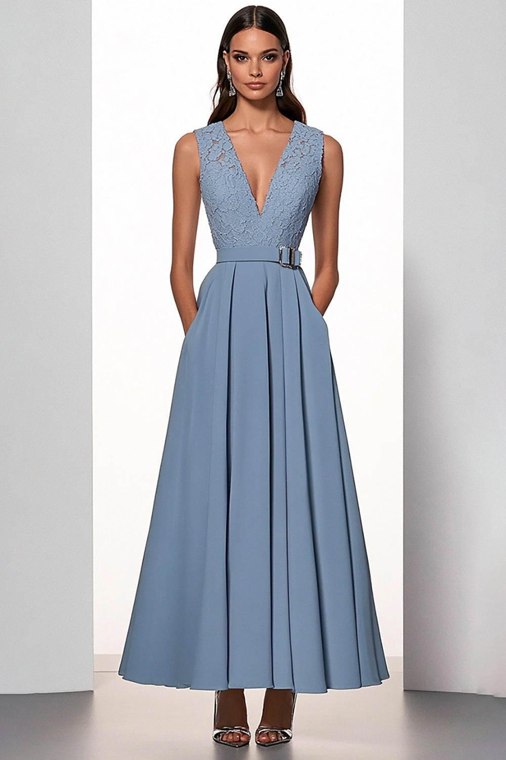 Grey Blue A Line Deep V-Neck Maxi Work Dress with Pockets