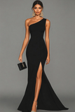 Simple Dark Green One Shoulder Mermaid Long Formal Dress with Slit