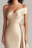Champagne Off the Shoulder Mermaid Satin Maxi Formal Dress with Drape