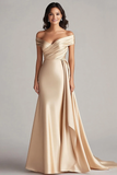 Champagne Off the Shoulder Mermaid Satin Maxi Formal Dress with Drape