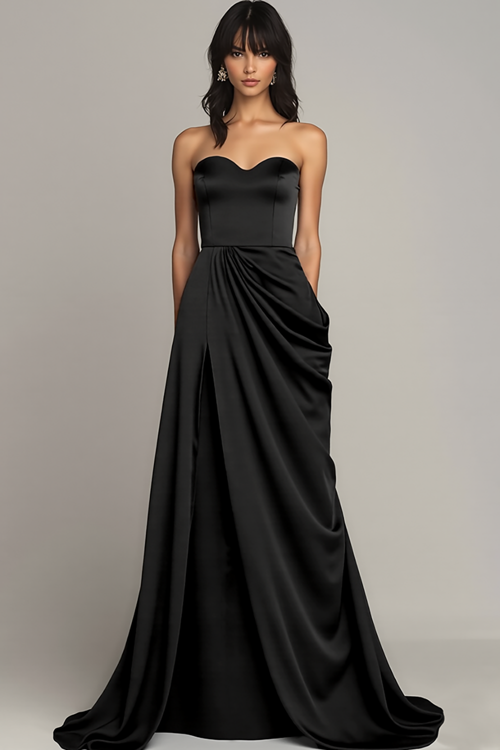 Strapless Black Sweetheart Satin A Line Maxi Formal Dress