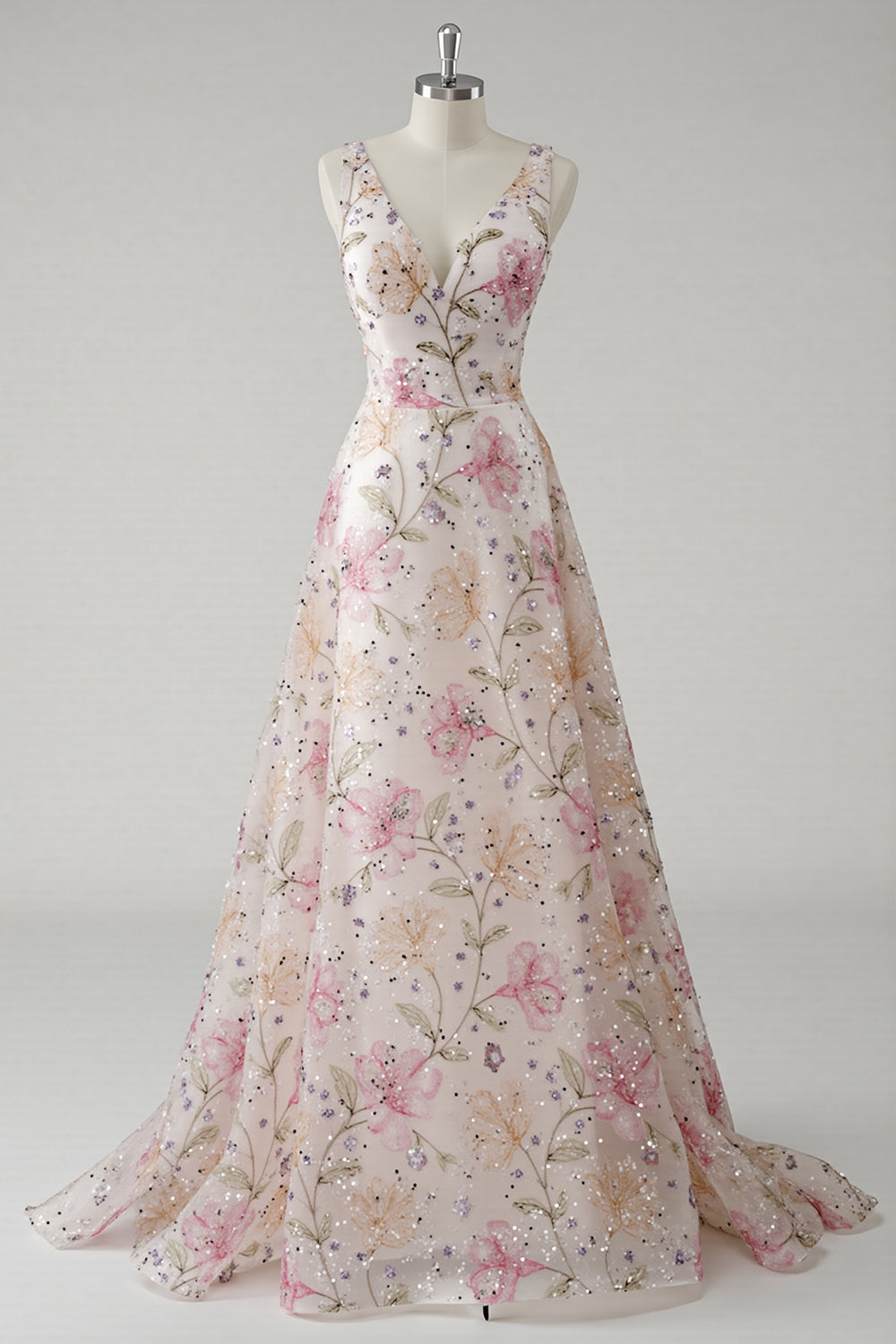 Sparkly Pink V-Neck A Line Maxi Floral Prom Dress with Beading