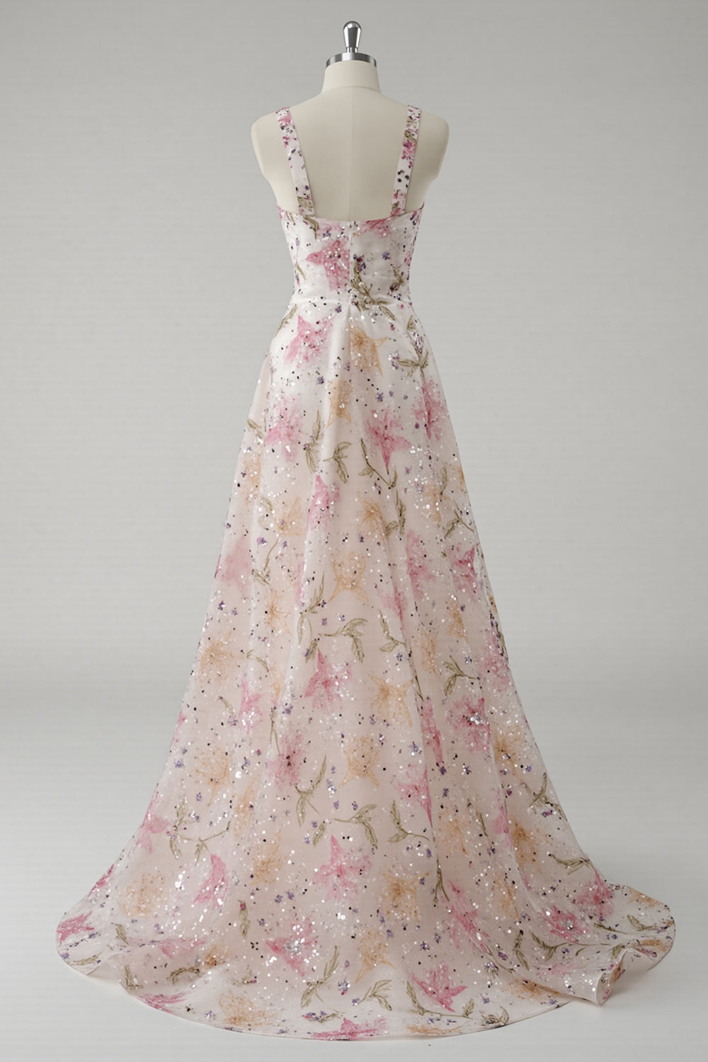 Sparkly Pink V-Neck A Line Maxi Floral Prom Dress with Beading