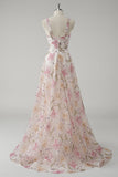 Sparkly Pink V-Neck A Line Maxi Floral Prom Dress with Beading