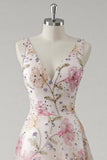 Sparkly Pink V-Neck A Line Maxi Floral Prom Dress with Beading