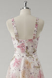 Sparkly Pink V-Neck A Line Maxi Floral Prom Dress with Beading