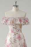 Sparkly Pink Off the Shoulder Floral A Line Long Prom Dress with Sequins
