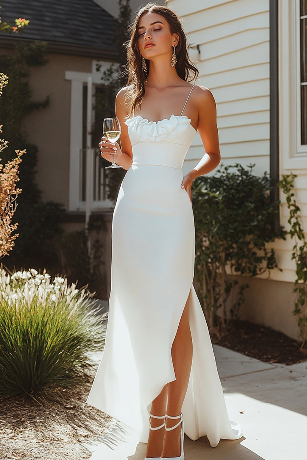 White Satin Ruffled Long Engagement Dress with Slit