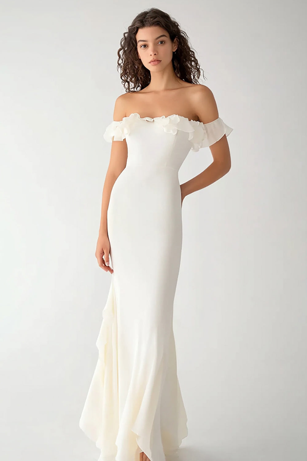 White Long Mermaid Chiffon Engagement Dress with Ruffles