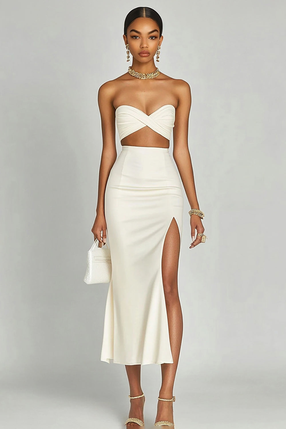 Ivory Satin Two Piece Long Engagement Dress with Slit