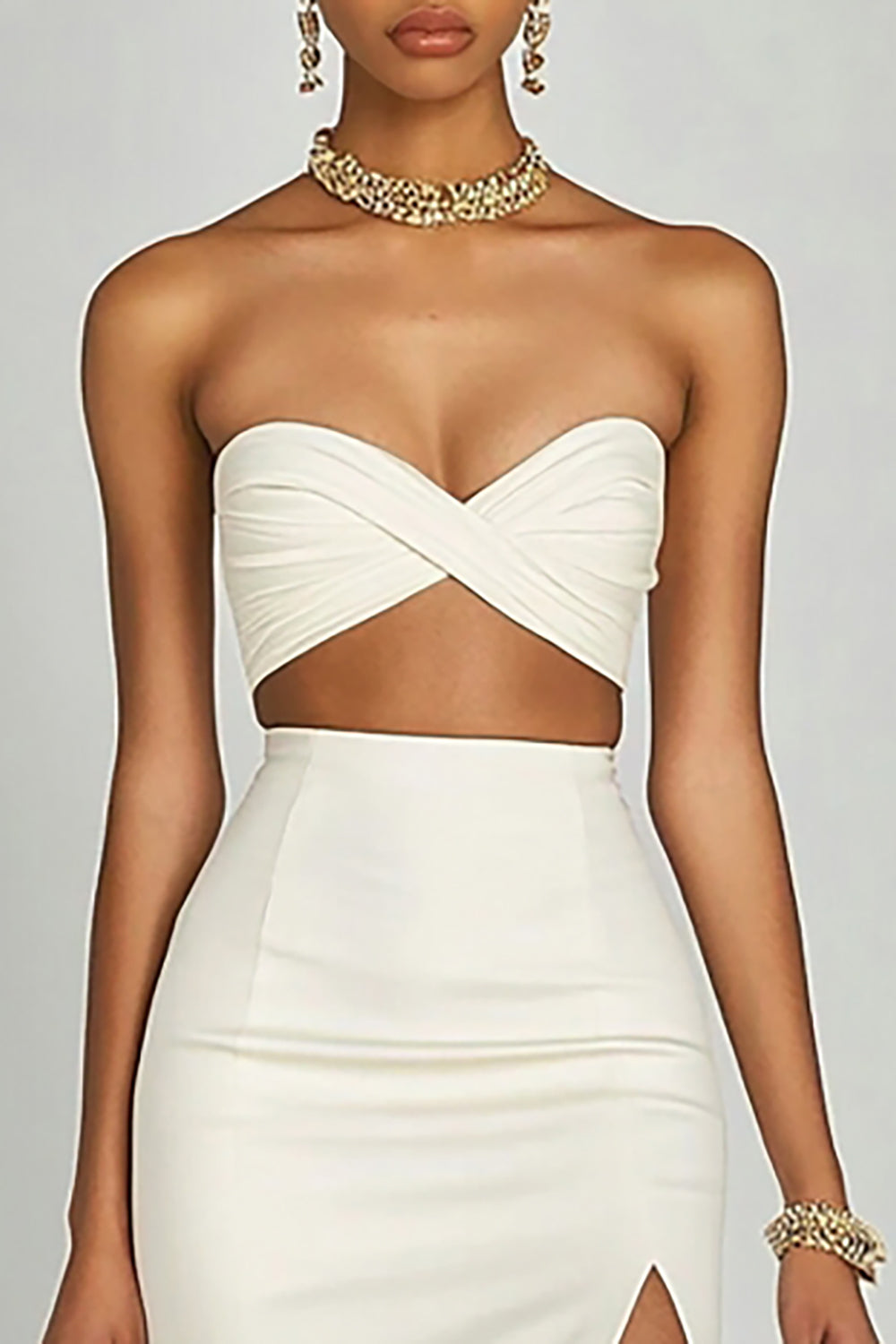 Ivory Satin Two Piece Long Engagement Dress with Slit