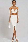 White Satin Two Piece Midi Engagement Dress with Slit