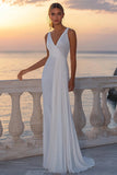 White Chiffon Sheath V-Neck Boho Wedding Dress with Pleats