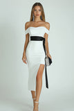 White and Black Tea-Length Mermaid Satin Engagement Dress with Slit